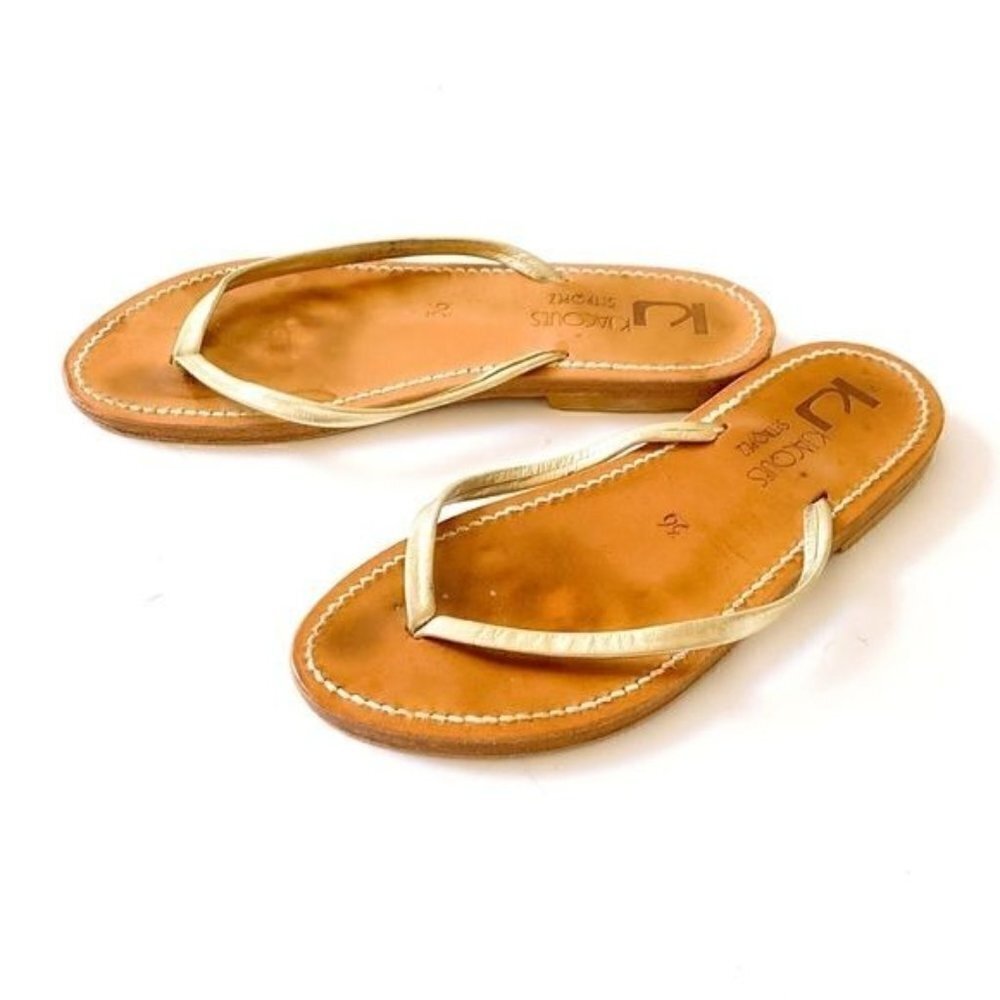 K‎ JACQUES St Tropez Venise Flip-Flops in Gold Leather, Size 36 EU